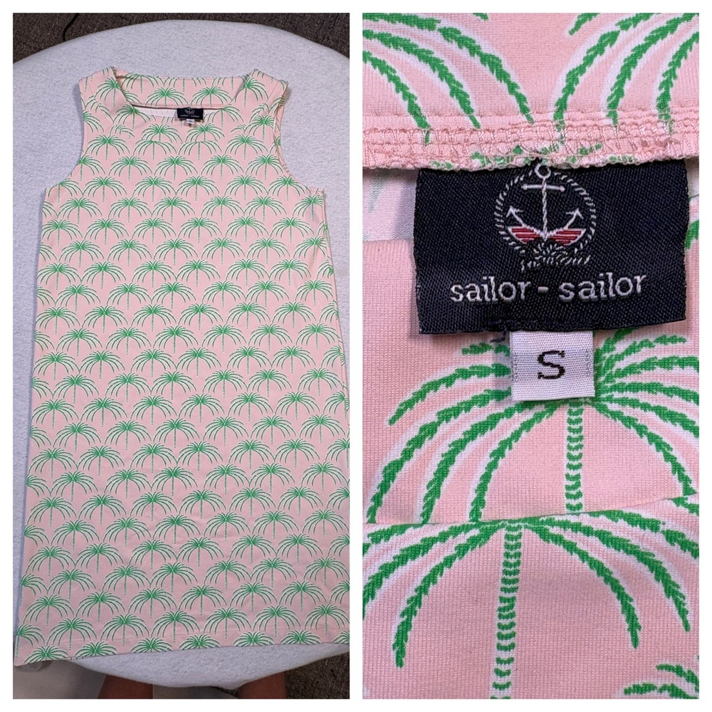 Sailor-Sailor Pink Green Palm Tree Print Shift Dress Sleeveless Small USA Made